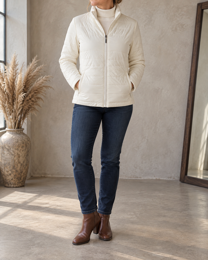 Alice - Fleece Lined Quilted Jacket in ivory, front view