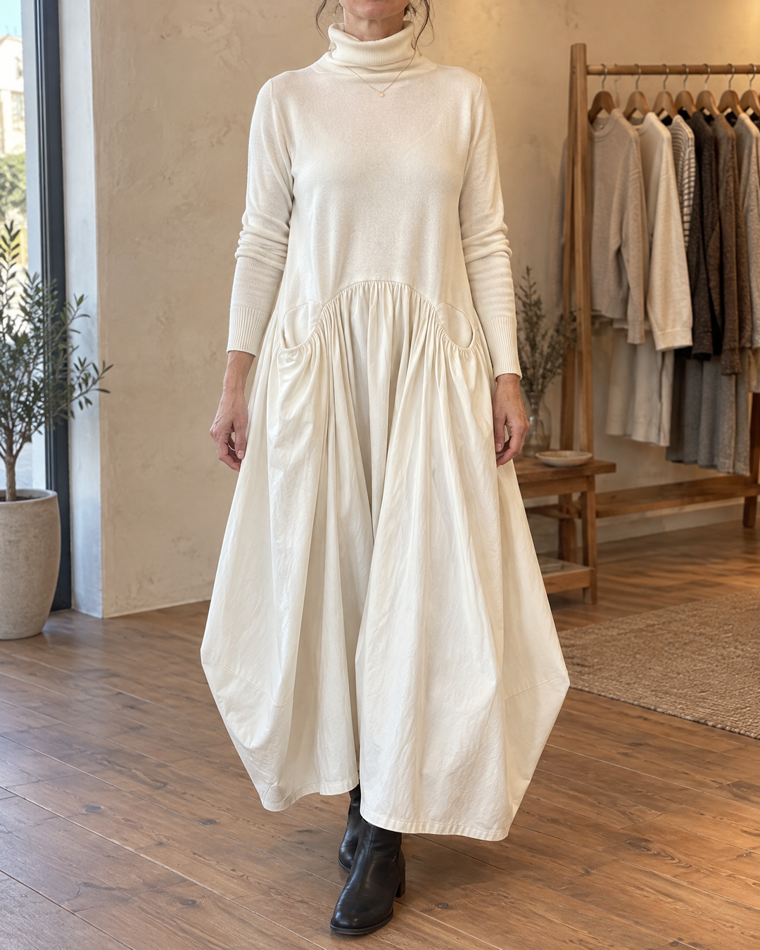 Odette - Turtleneck Maxi Dress in ivory, front view