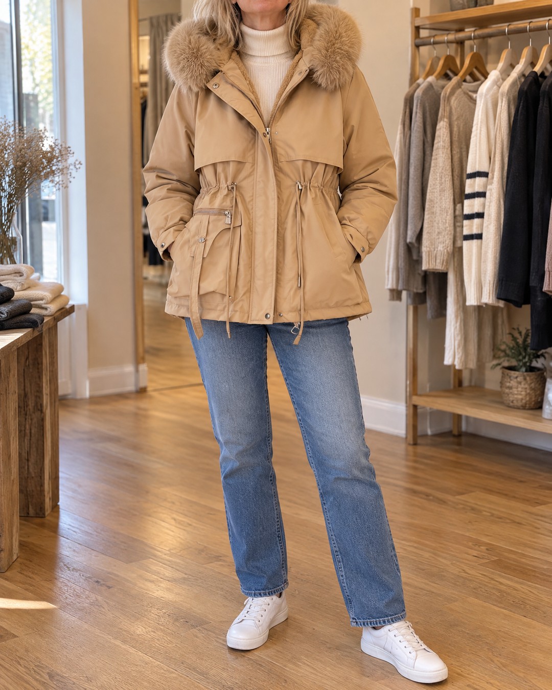 Brigitte - Faux Fur Hooded Parka in khaki, front view