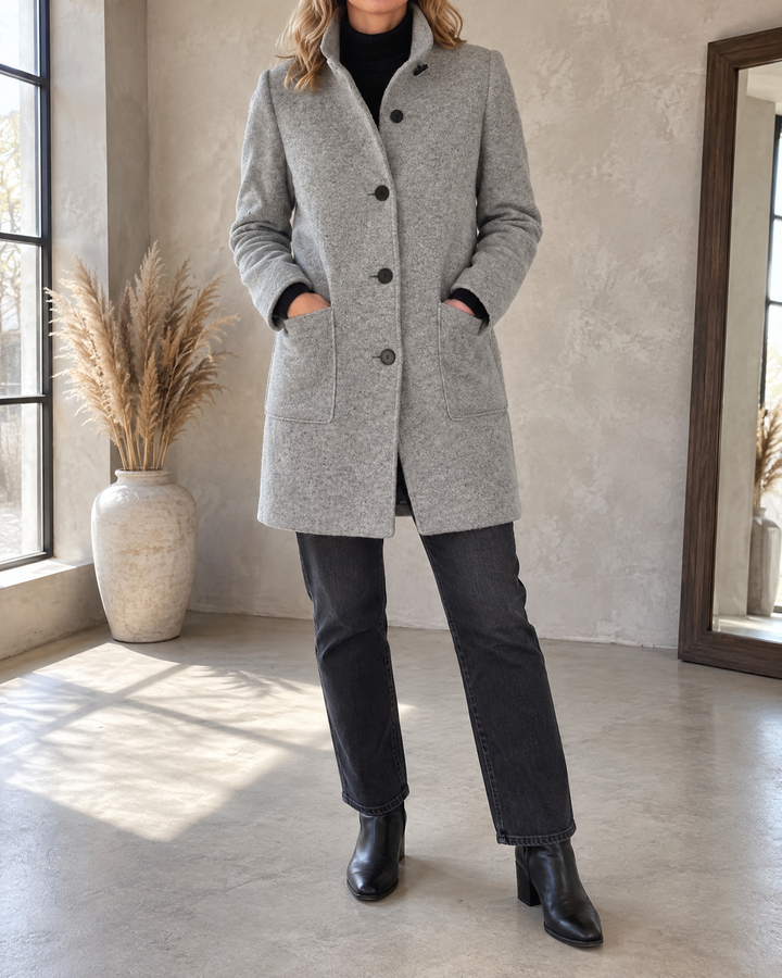 Augustine - Stand Collar Wool-Look Coat in light grey, front view