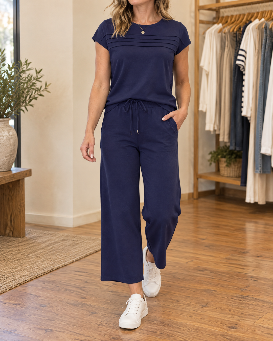Anouk - Pleated Tee and Cropped Trouser Set in navy, front view