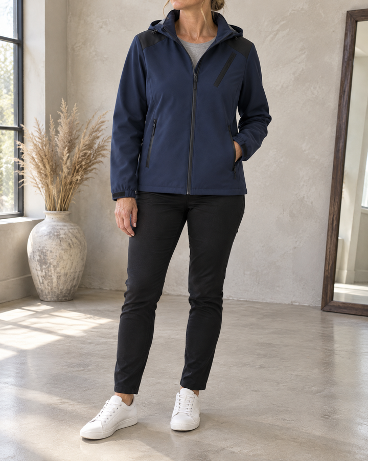 Gwenaelle - Hooded Softshell Jacket in navy, front view