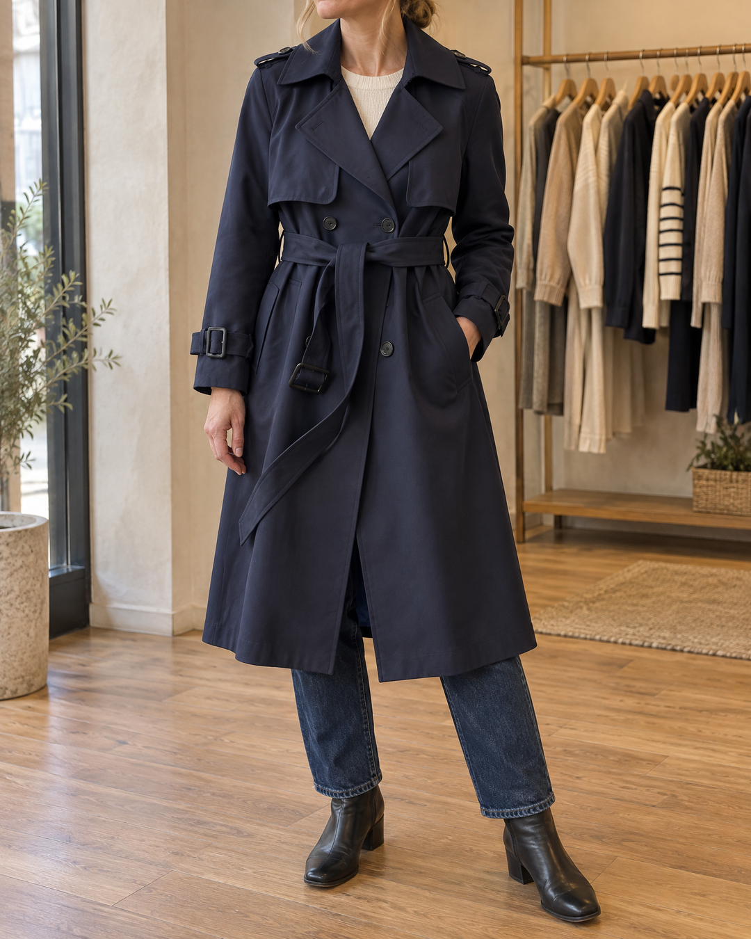 Monique - Long Belted Trench Coat in navy, front view
