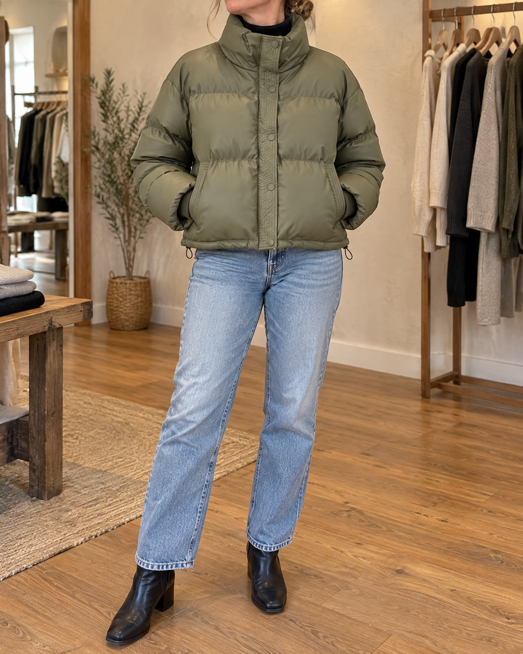 Anais - Cropped Faux Leather Puffer in olive, front view