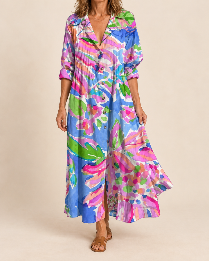 Mireille - Bohemian Maxi Shirt Dress in pink, front view