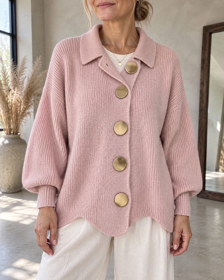 Albane - Collared Button Cardigan in pink, front view