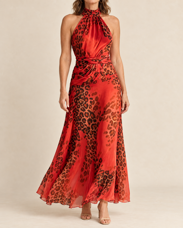 Leonie - Leopard Halter Maxi Dress in red, front view