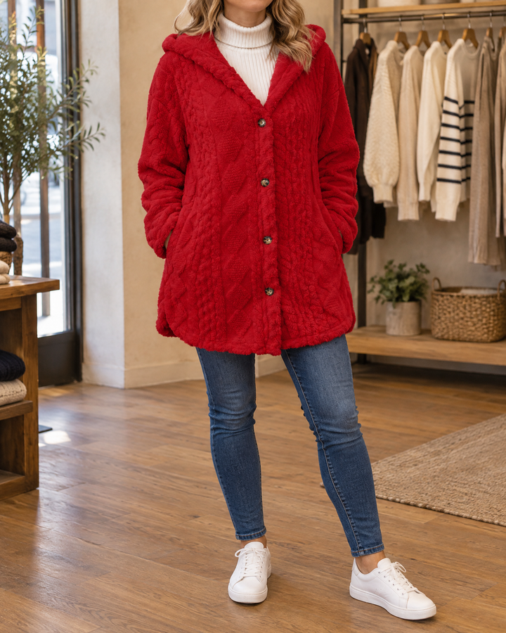 Corinne - Hooded Sherpa Jacket in red, front view
