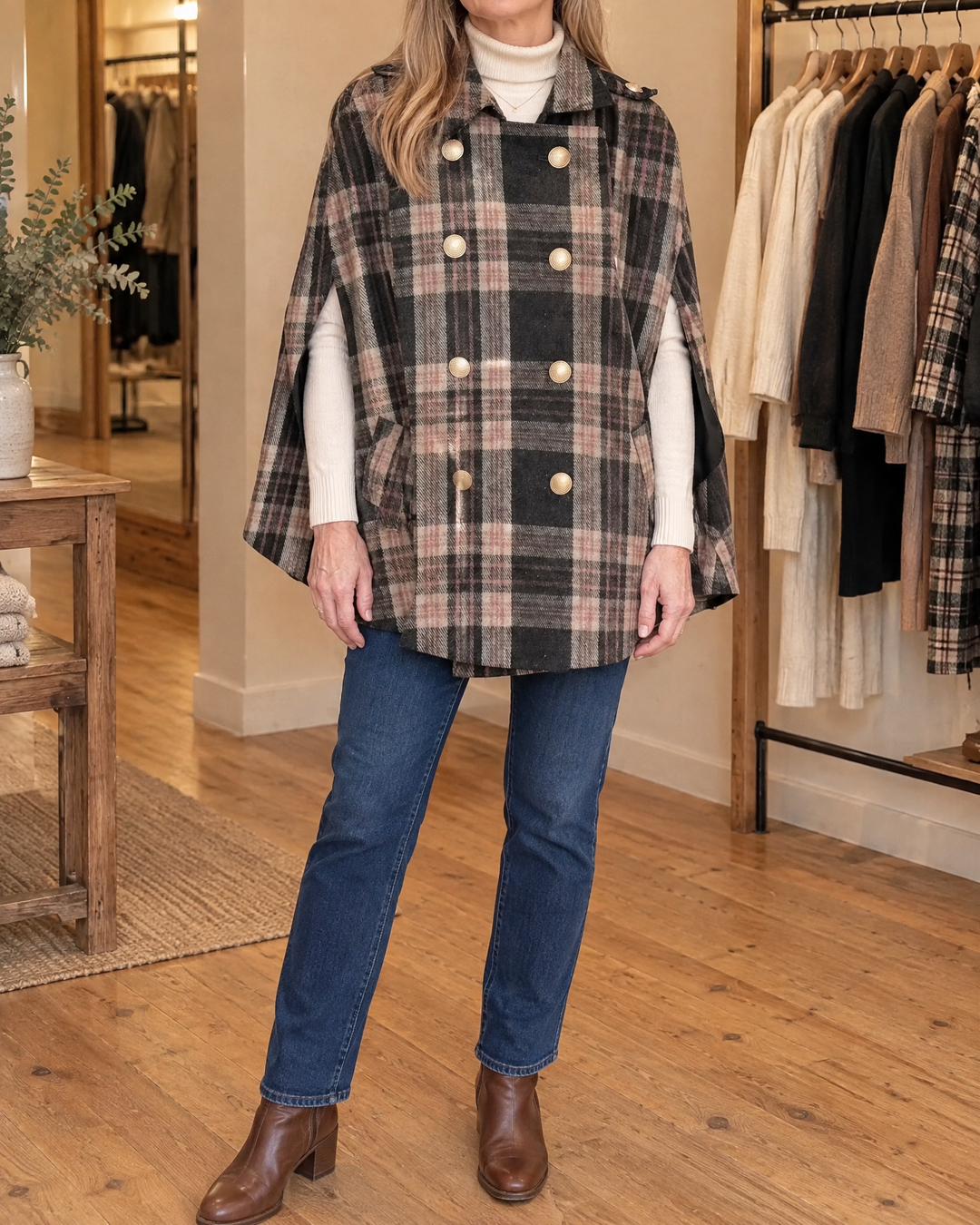 Marthe - Plaid Cape Coat in rose, front view