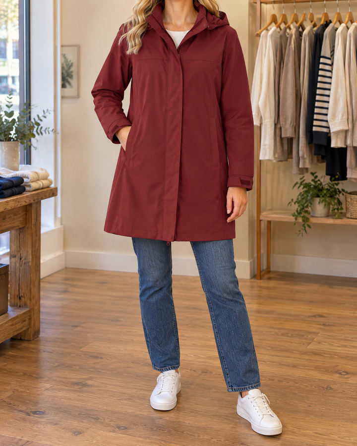 Jacqueline - Water-Repellent Hooded Coat in wine, front view