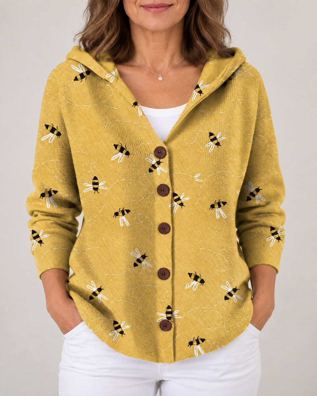 Isadora - Printed Hooded Cardigan in yellow, front view