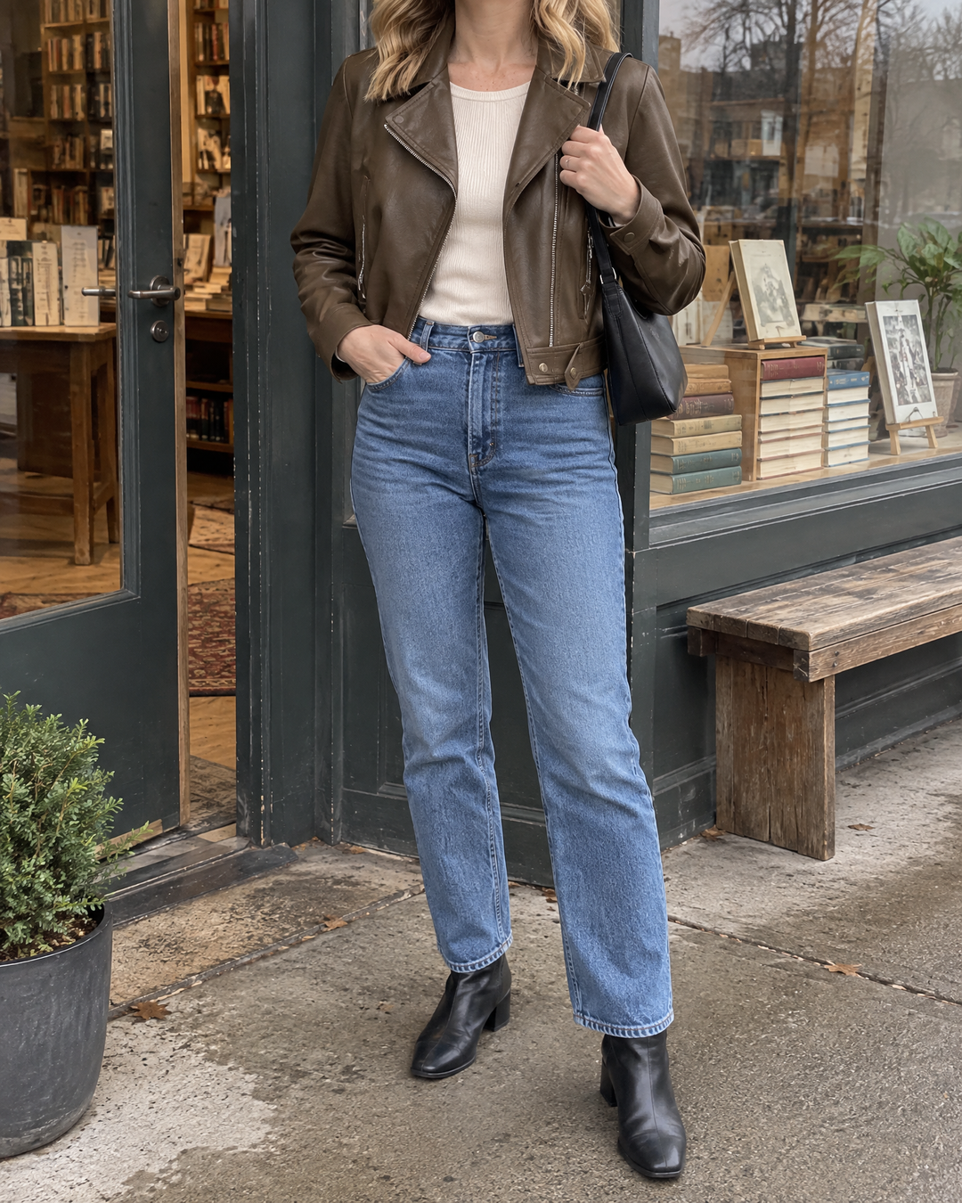 Valerie - Cropped Faux Leather Biker Jacket in brown, outside the bookshop on an overcast afternoon