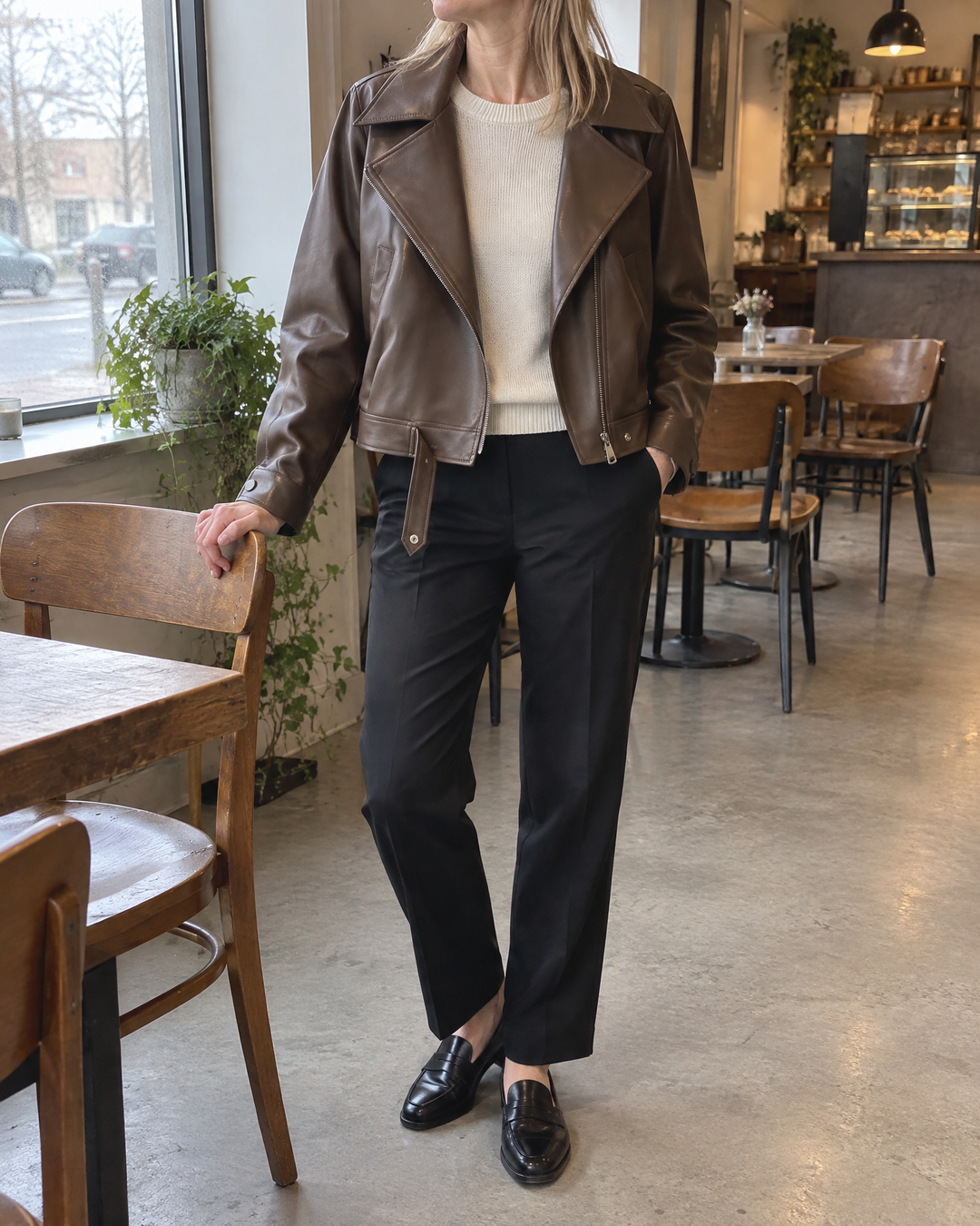 Vanessa - Wide Lapel Faux Leather Jacket in brown, by the café window on a grey morning