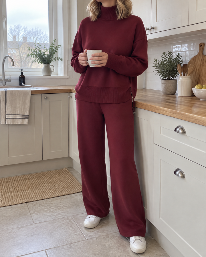 Pauline - Turtleneck Sweatshirt Set in wine, a slow Sunday morning at home