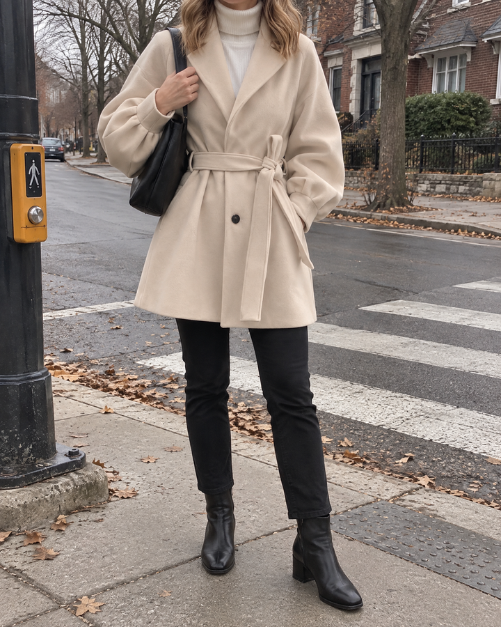 Martine - Balloon Sleeve Belted Coat in cream, on a grey fall morning, waiting at the crossing