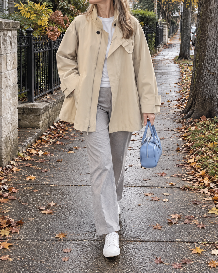 Michelle - Stand Collar Trench Jacket in light khaki, on a walk on a grey fall afternoon