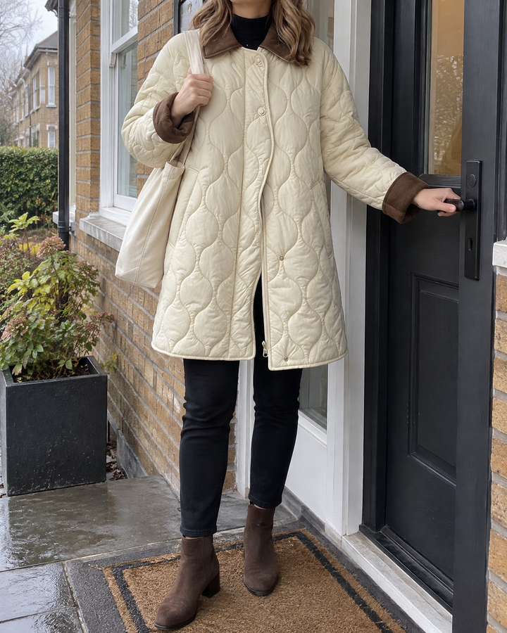 Leopoldine - Quilted Longline Jacket in cream, at the front door on an overcast morning