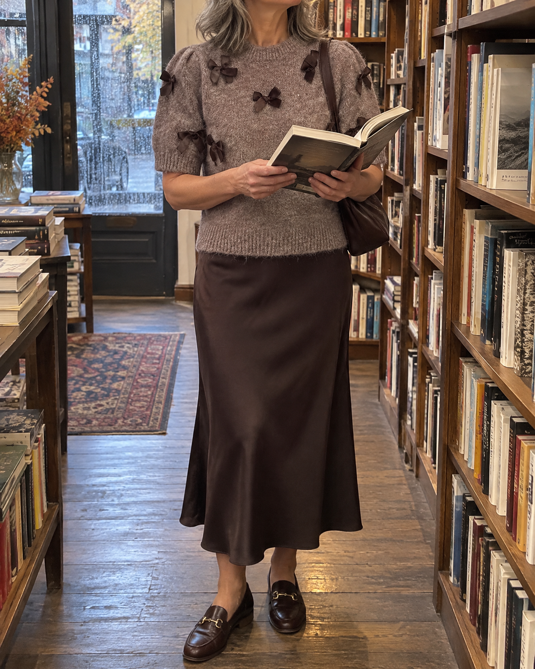 Juliette - Bow Sweater Top in brown, in a bookshop
