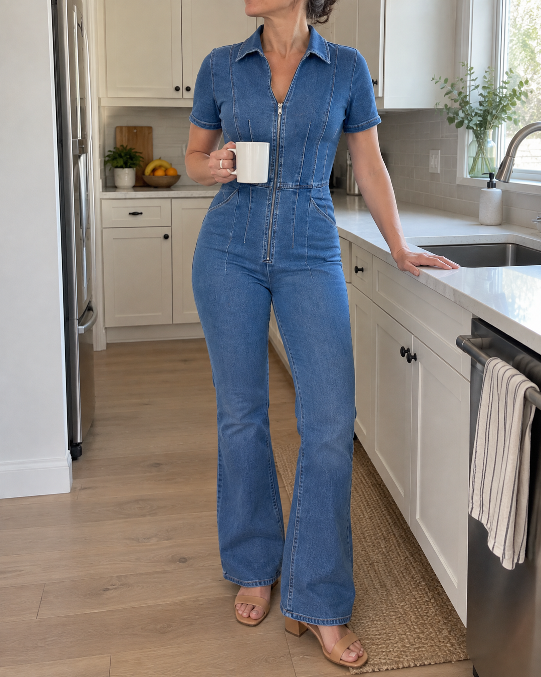 Joelle - Zip-Front Denim Jumpsuit in mid blue, in the kitchen