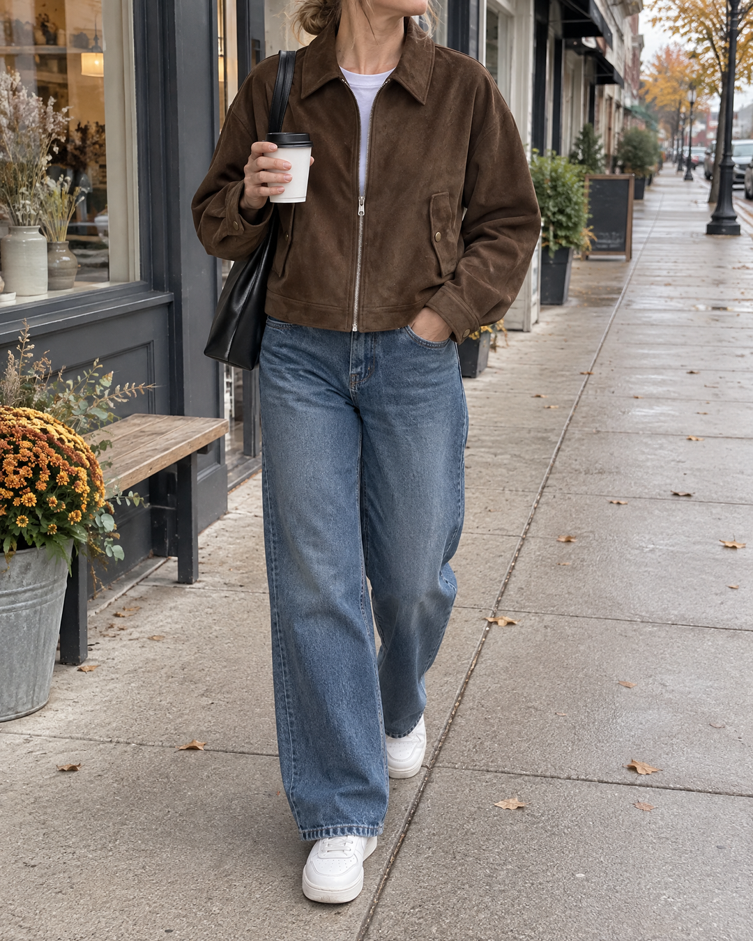 Rose - Cropped Faux Suede Jacket in chocolate brown, on a walk past the shops on an overcast day