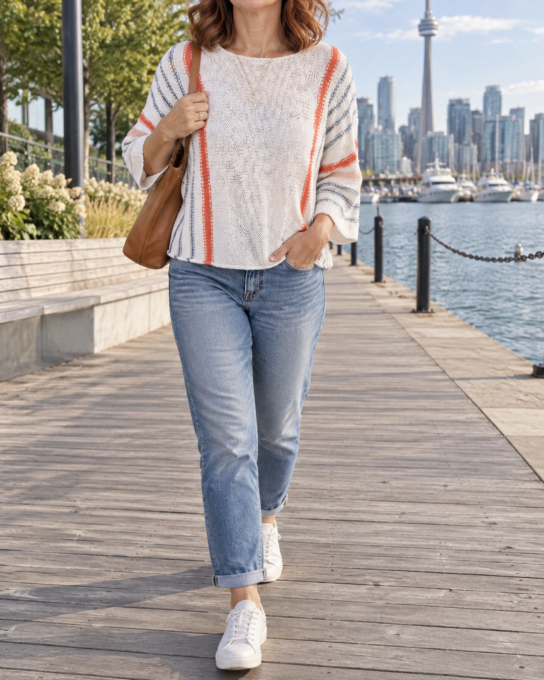 Emmeline - Striped Knit Pullover in white stripe, on the Harbourfront