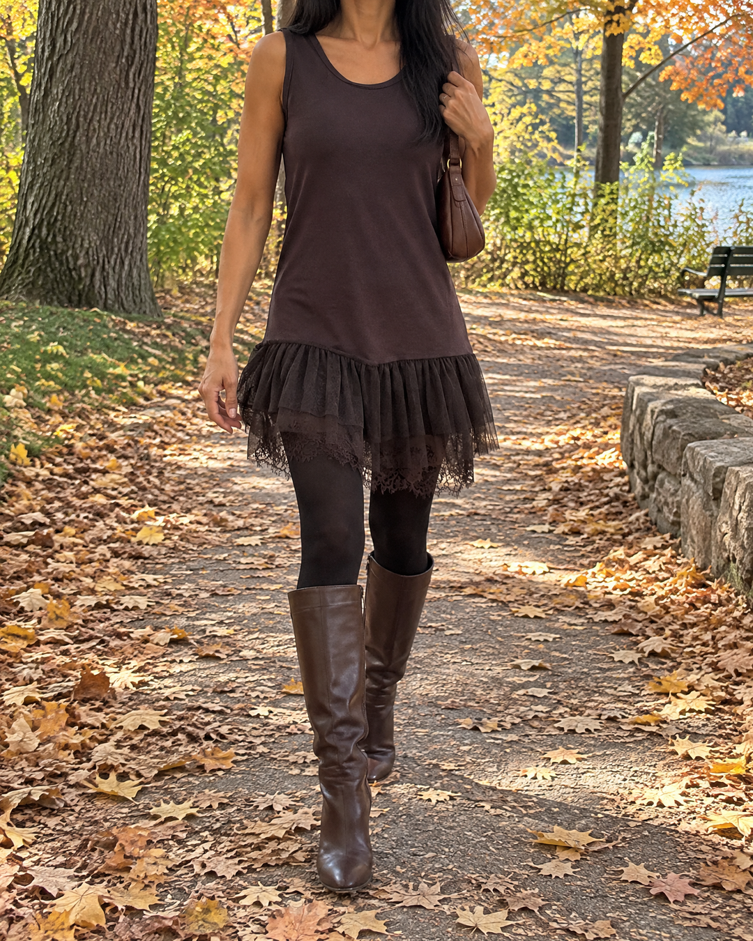Sabine - Lace Trim Mini Dress in chocolate, in High Park