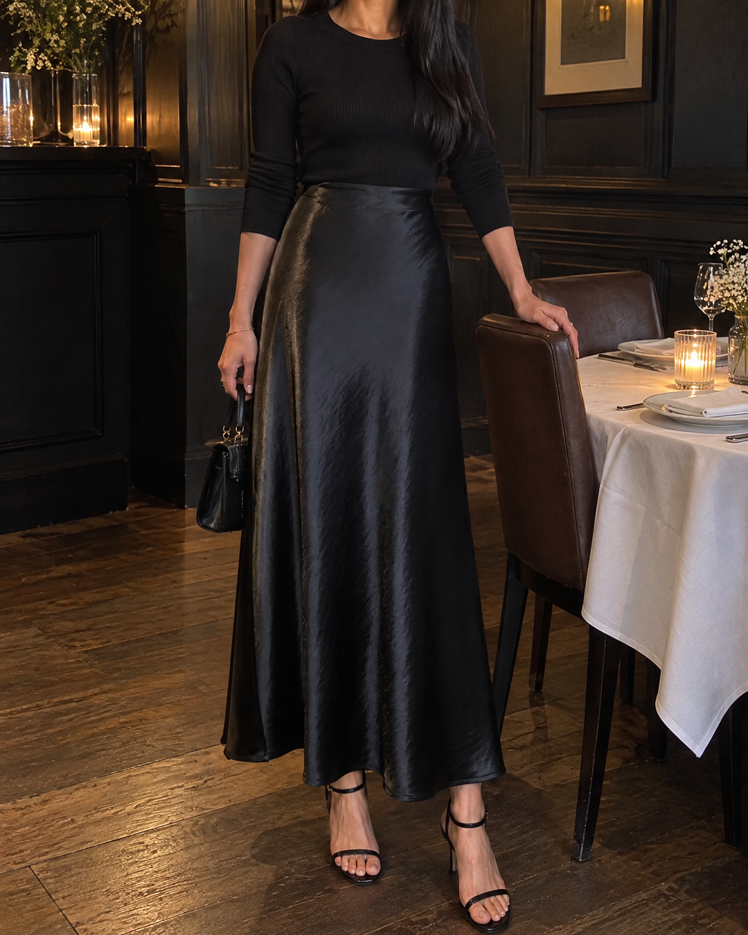 Noemie - High Waist Satin Skirt in black, at dinner