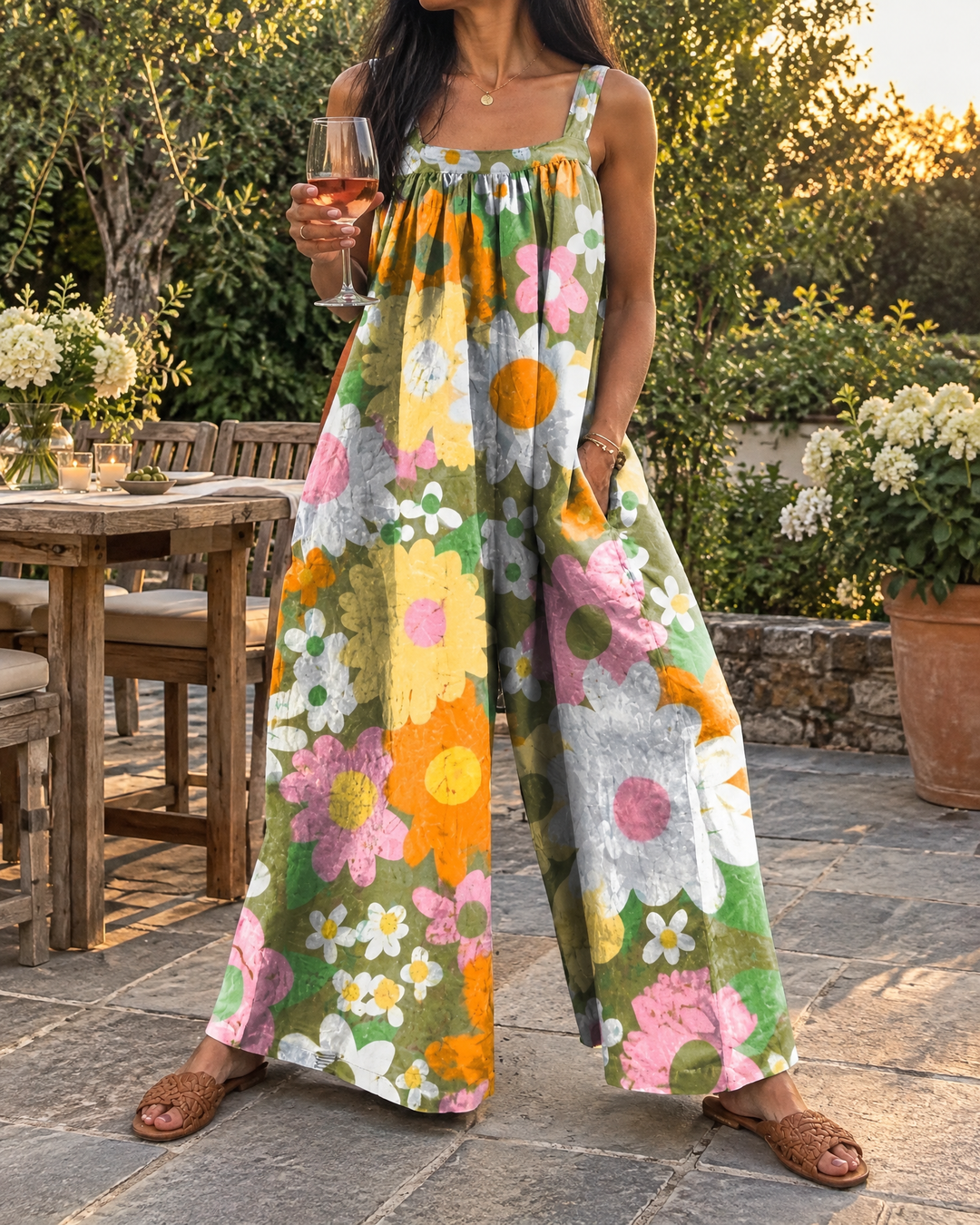 Clemence - Floral Wide Leg Jumpsuit in multicolour, at a garden party