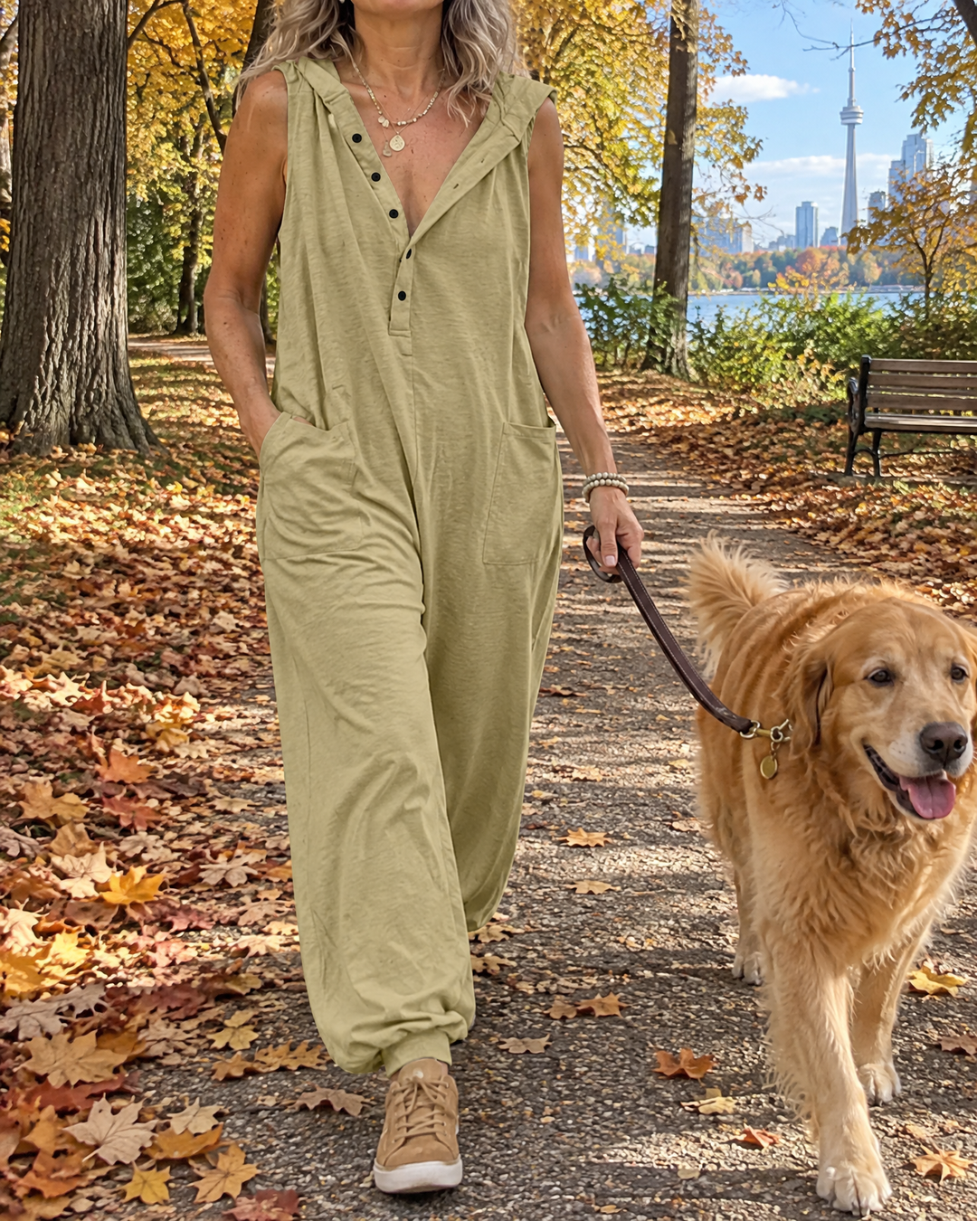 Gabrielle - Hooded Button Jumpsuit in khaki, in the park