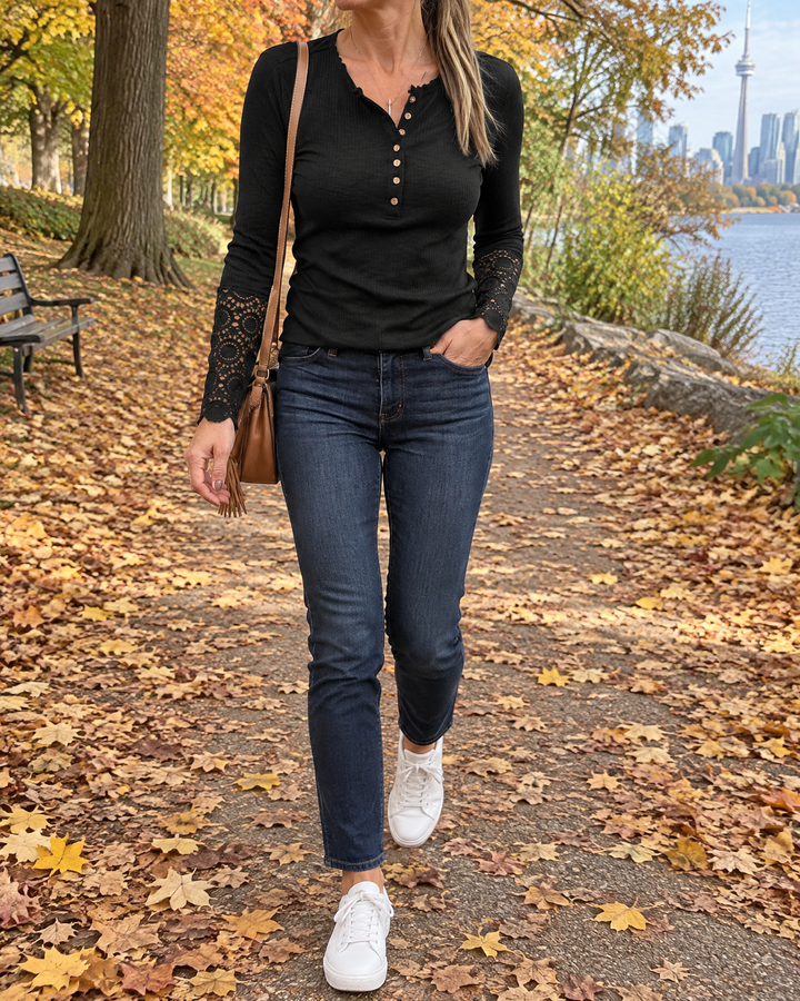 Fabienne - Lace Cuff Henley Top in black, in the park