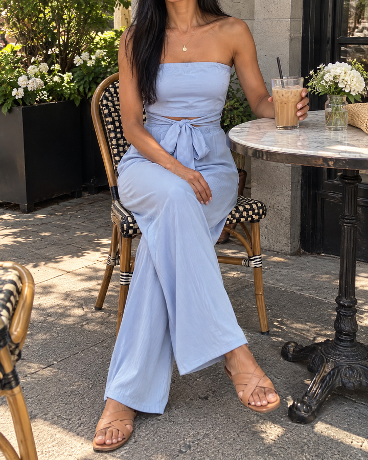 Lisette - Strapless Tie Waist Jumpsuit in sky blue, at brunch