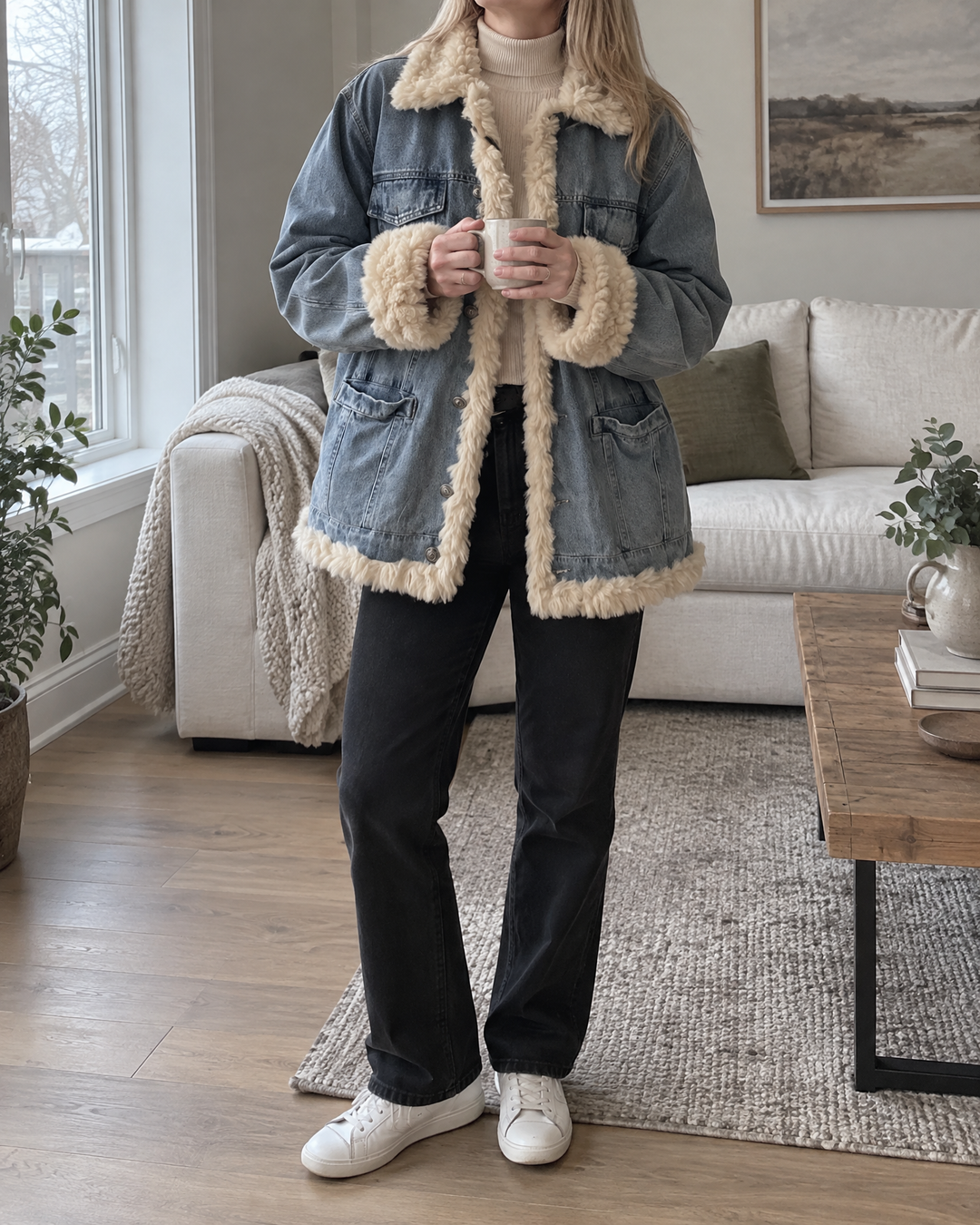Raphaelle - Faux Fur Trim Denim Jacket in mid blue, at home on a grey afternoon