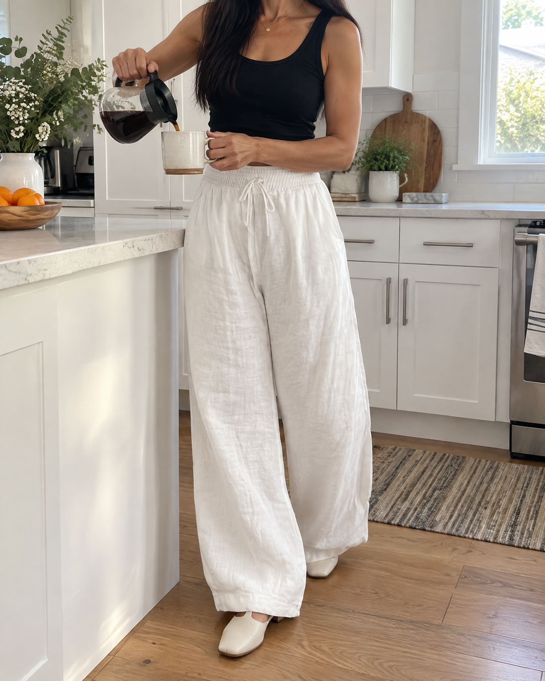 Manon - Wide Leg Drawstring Pants in white, on a Sunday morning