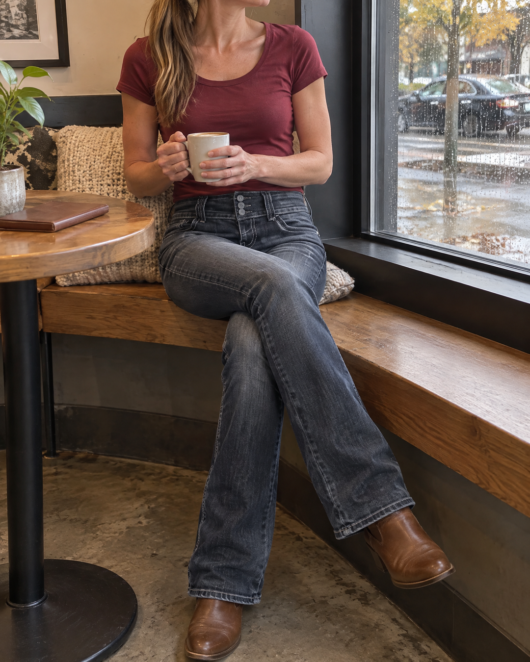 Marianne - Button Fly Bootcut Jeans in black, at a coffee shop window