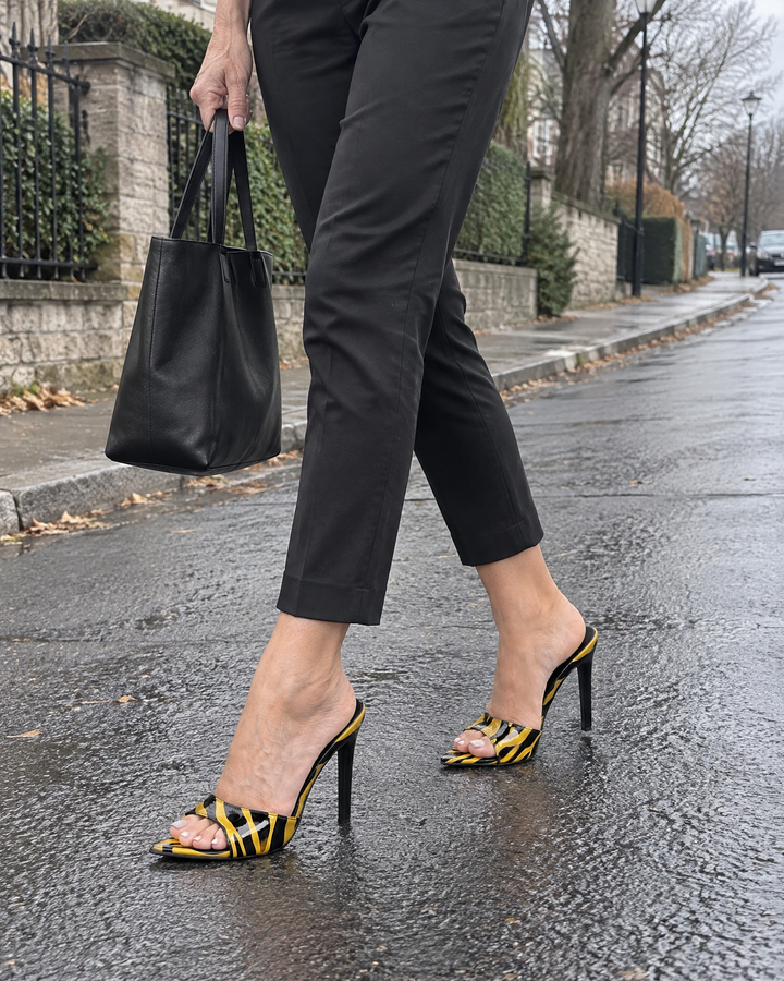 Gaelle - Zebra Print Mule Heels in yellow zebra, crossing the street