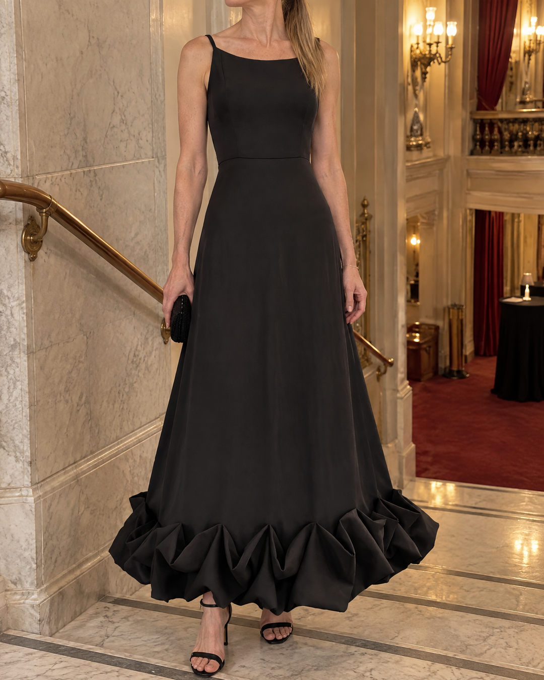 Rosine - Ruffle Hem Cami Maxi Dress in black, at the theatre