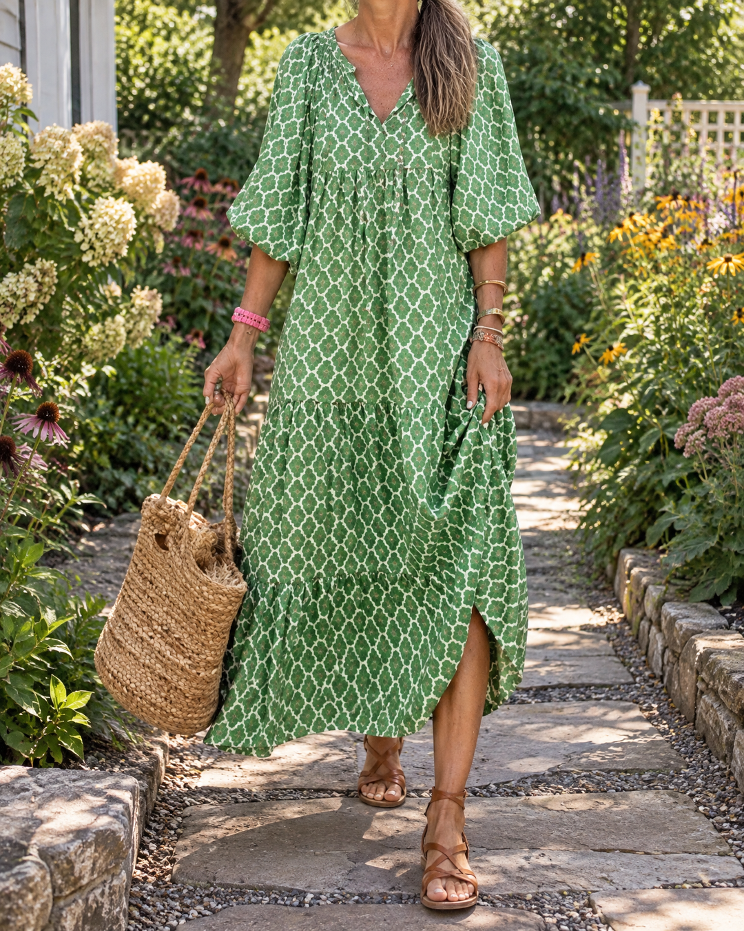 Florence - Puff Sleeve Print Maxi Dress in green, in a garden
