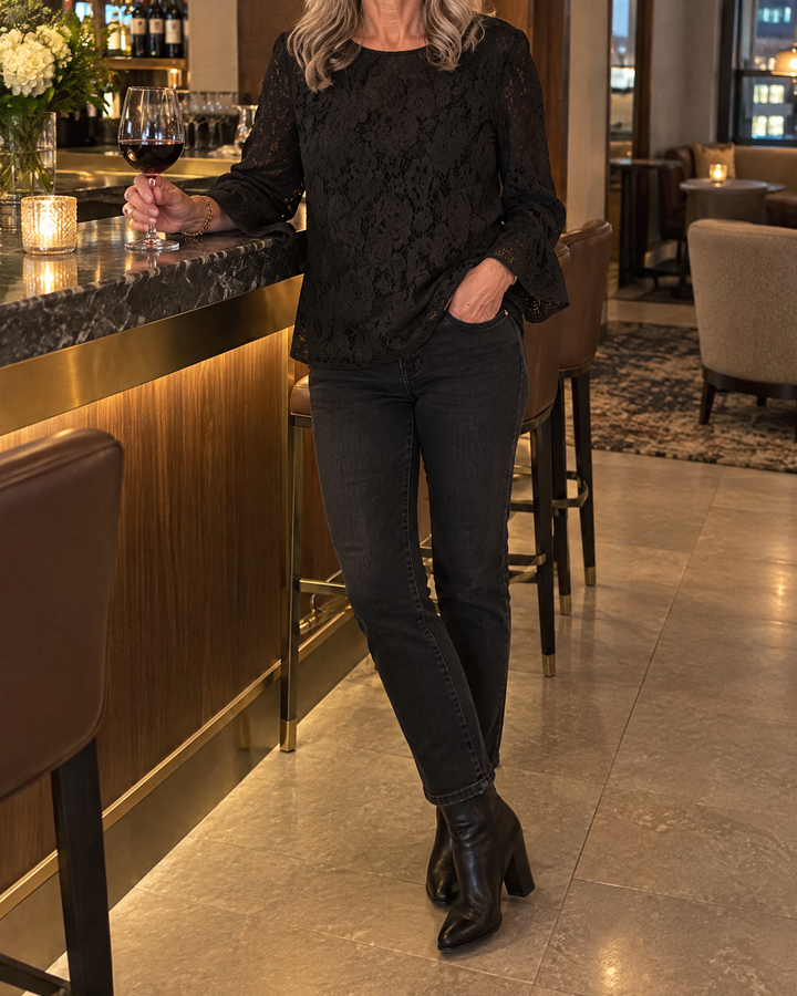 Violette - Lace Long Sleeve Top in black, at a hotel bar