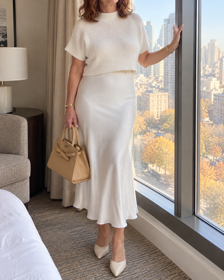 Estelle - Bias Satin Midi Skirt in cream, by a hotel window