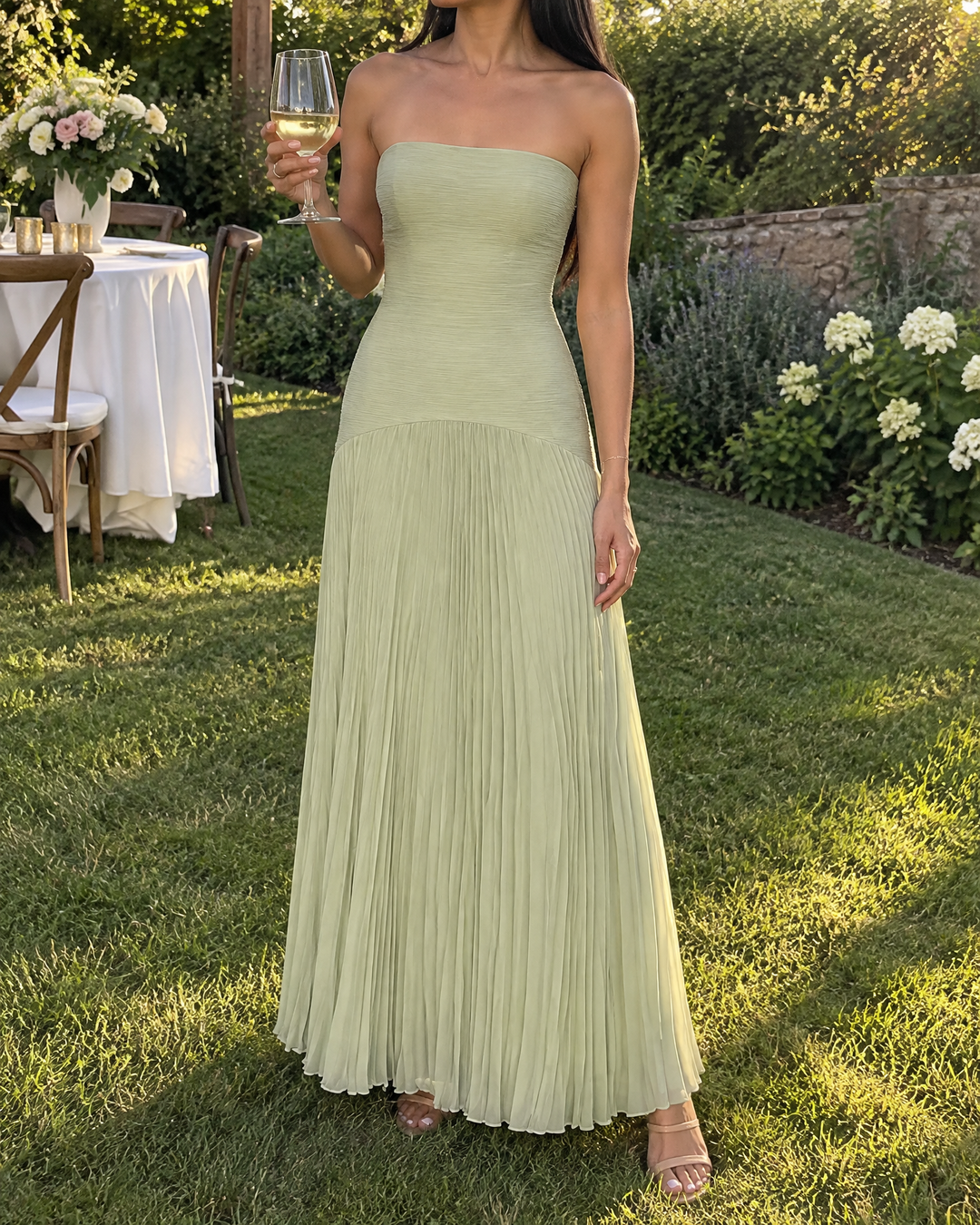 Theodora - Strapless Pleated Maxi Dress in sage, at a garden wedding