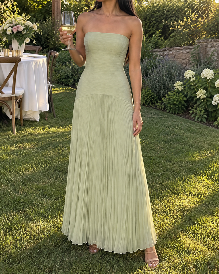 Theodora - Strapless Pleated Maxi Dress in sage, at a garden wedding