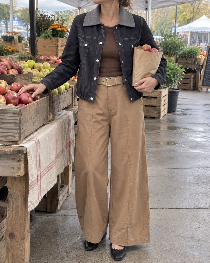 Severine - Contrast Collar Denim Jacket in indigo, at the market on a cloudy Saturday