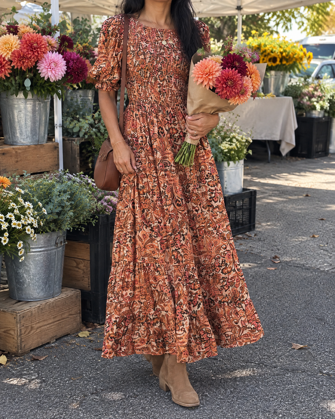 Garance - Frilled Waist Swing Maxi Dress in orange floral, at the market