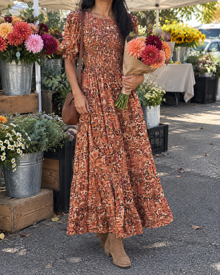 Garance - Frilled Waist Swing Maxi Dress in orange floral, at the market
