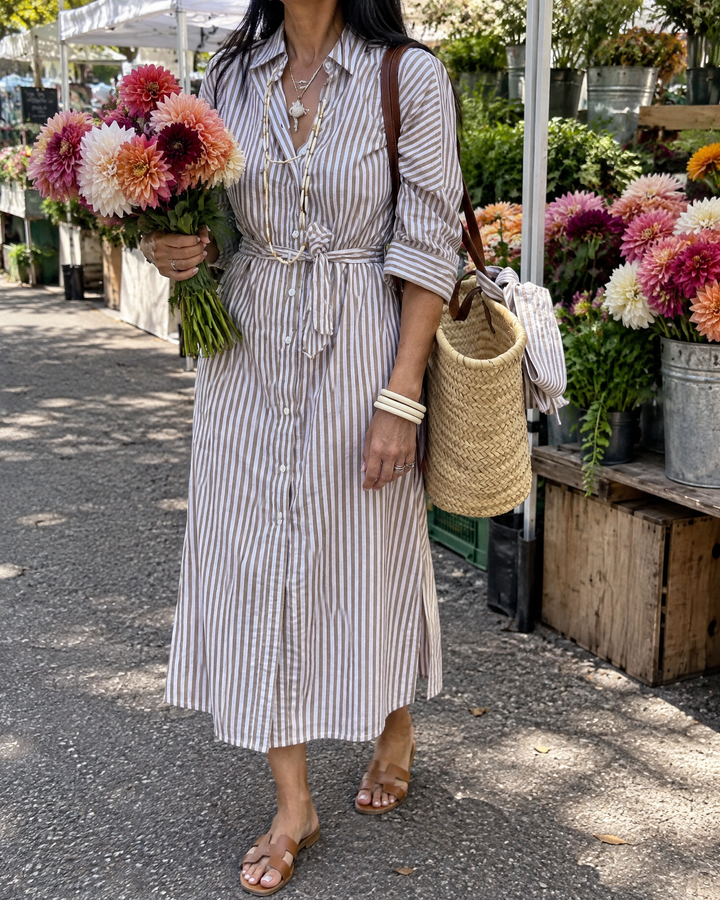 Laure - Belted Striped Shirt Dress in khaki stripe, at the market