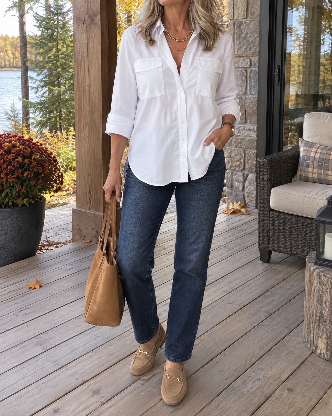 Louise - Pocket Detail Shirt in white, on a Muskoka porch
