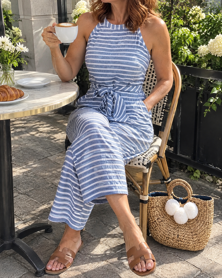 Josette - Striped Tie Waist Jumpsuit in blue, at brunch