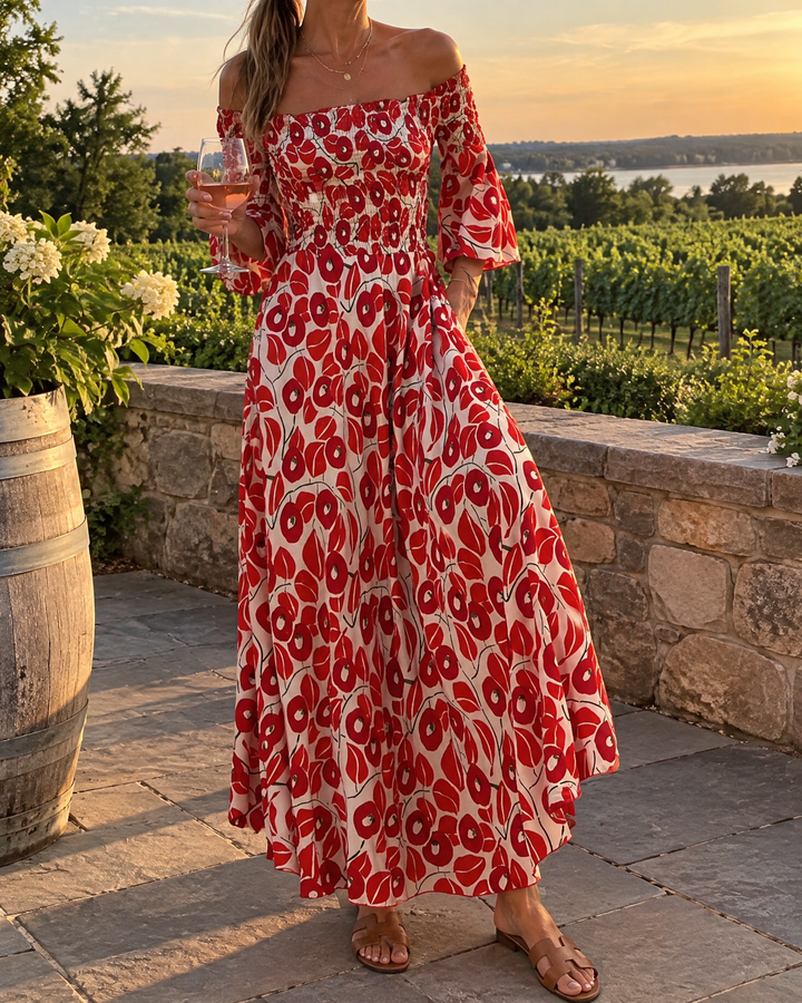 Seraphine - Off Shoulder Print Maxi Dress in red, in Niagara wine country