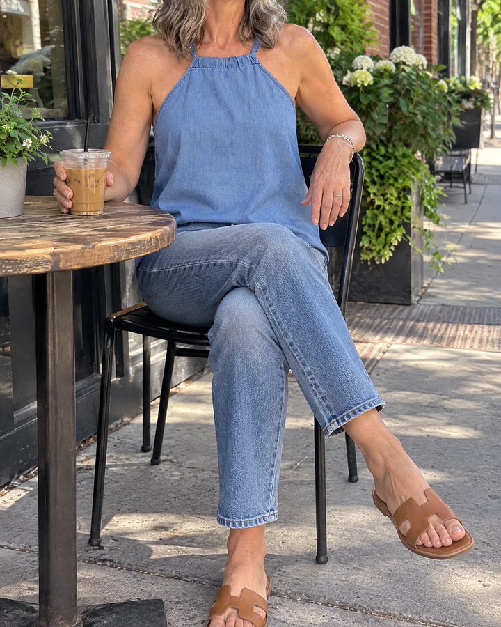 Oriane - Halter Tank Top in chambray blue, on a patio