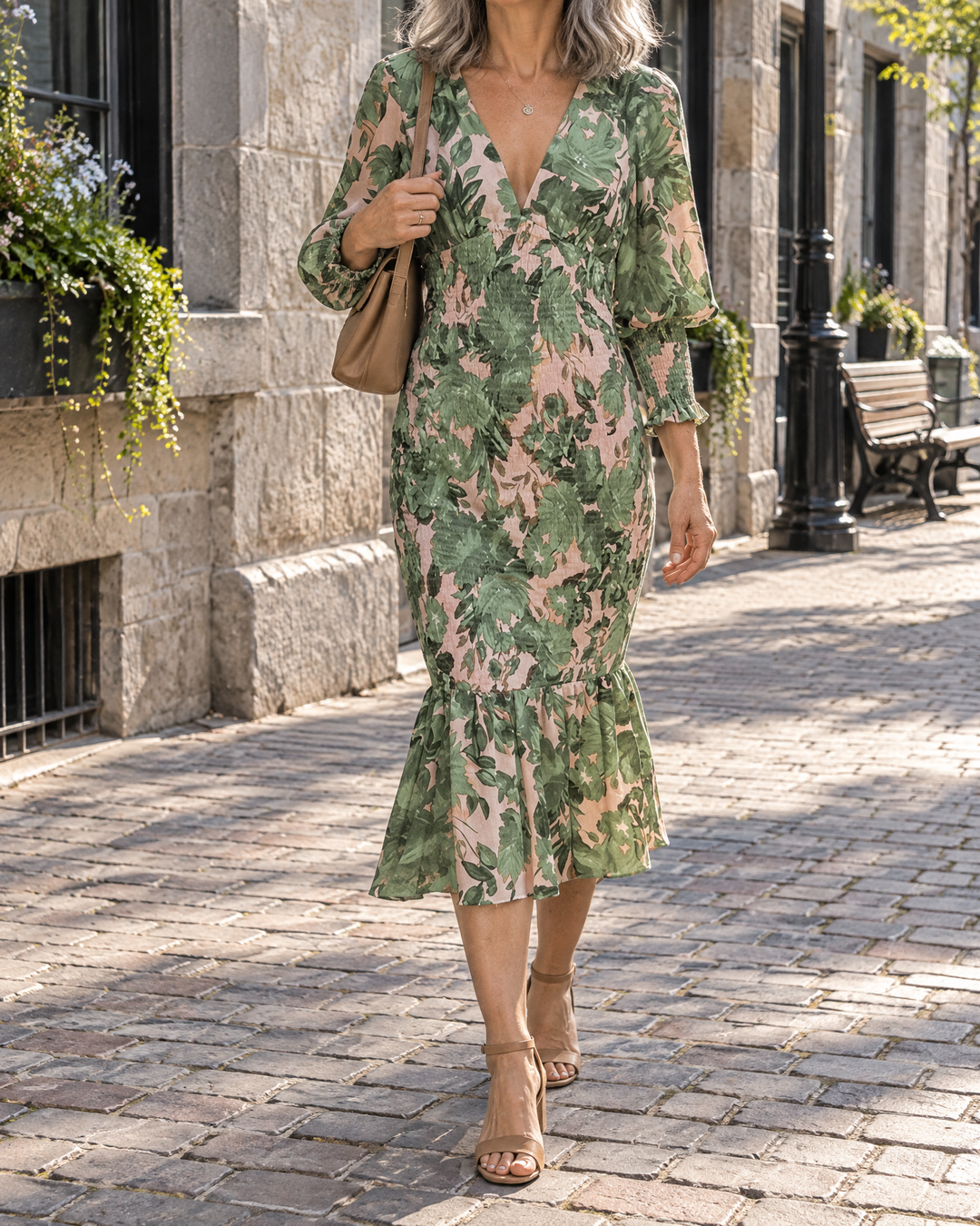 Coralie - Lantern Sleeve Print Midi Dress in green, in Old Montreal